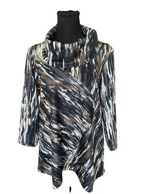Ali Miles Petite Abstract Funnel Neck Tunic Top PM Art Print Boho Career Chic